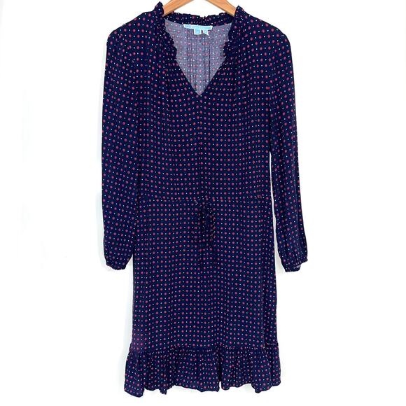 Draper James Printed Popover Tie Dress in Nassau Navy Blue Red Floral Polka Dot - Picture 2 of 16